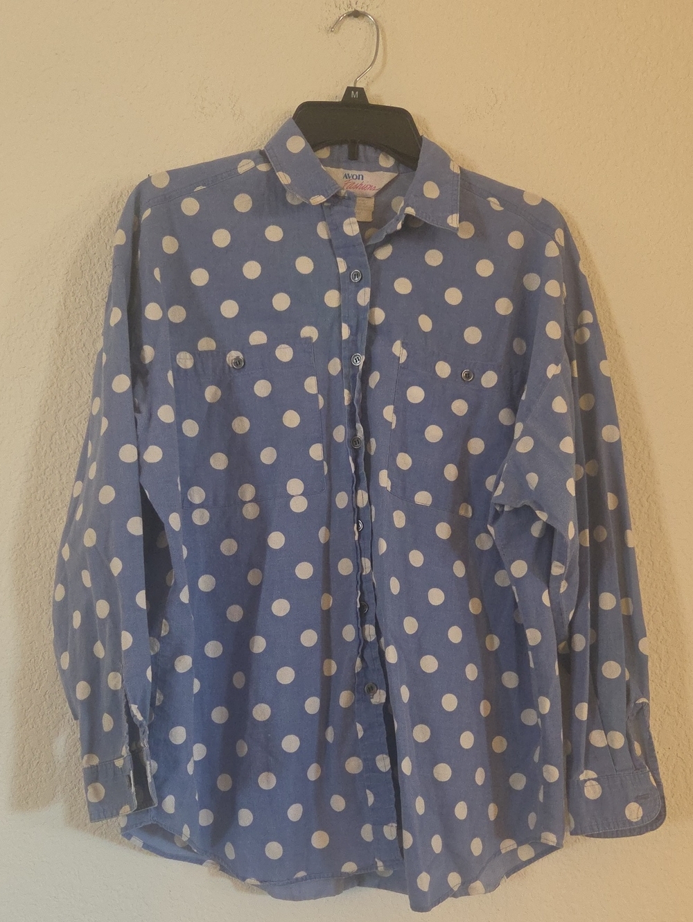 Avon Light Blue and White Polka Dot Button-Down Shirt